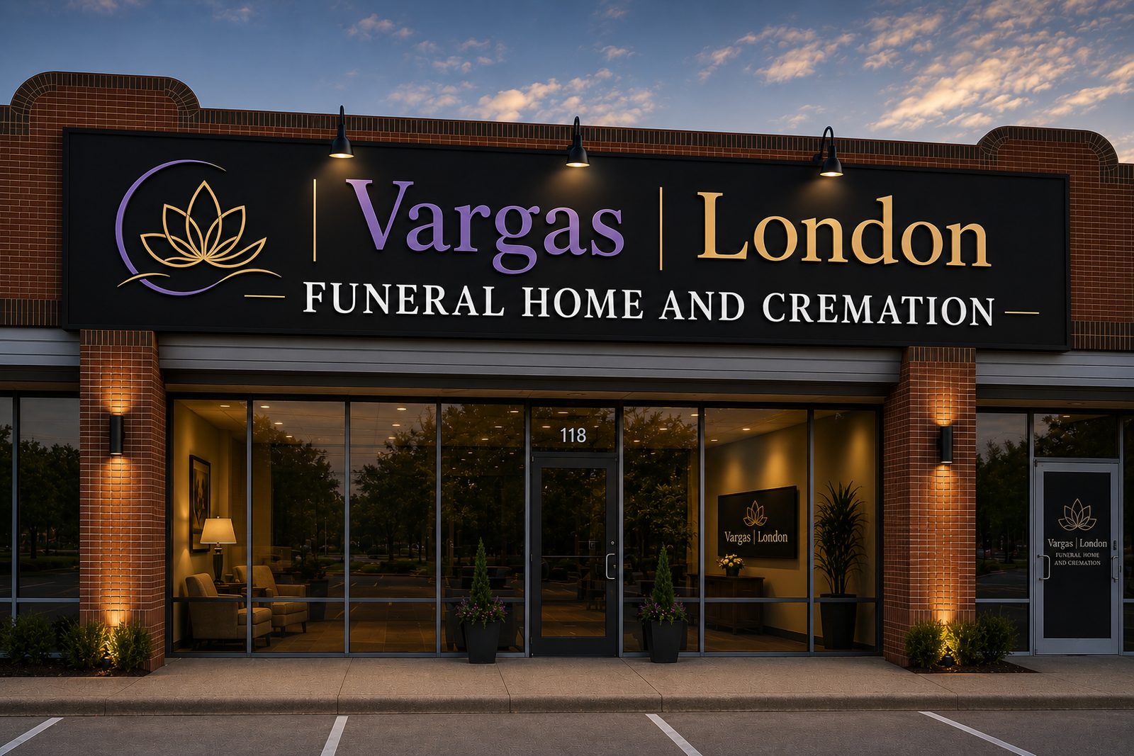 Vargas-London Funeral Home storefront at dusk — signage lit, entrance to the arrangement office